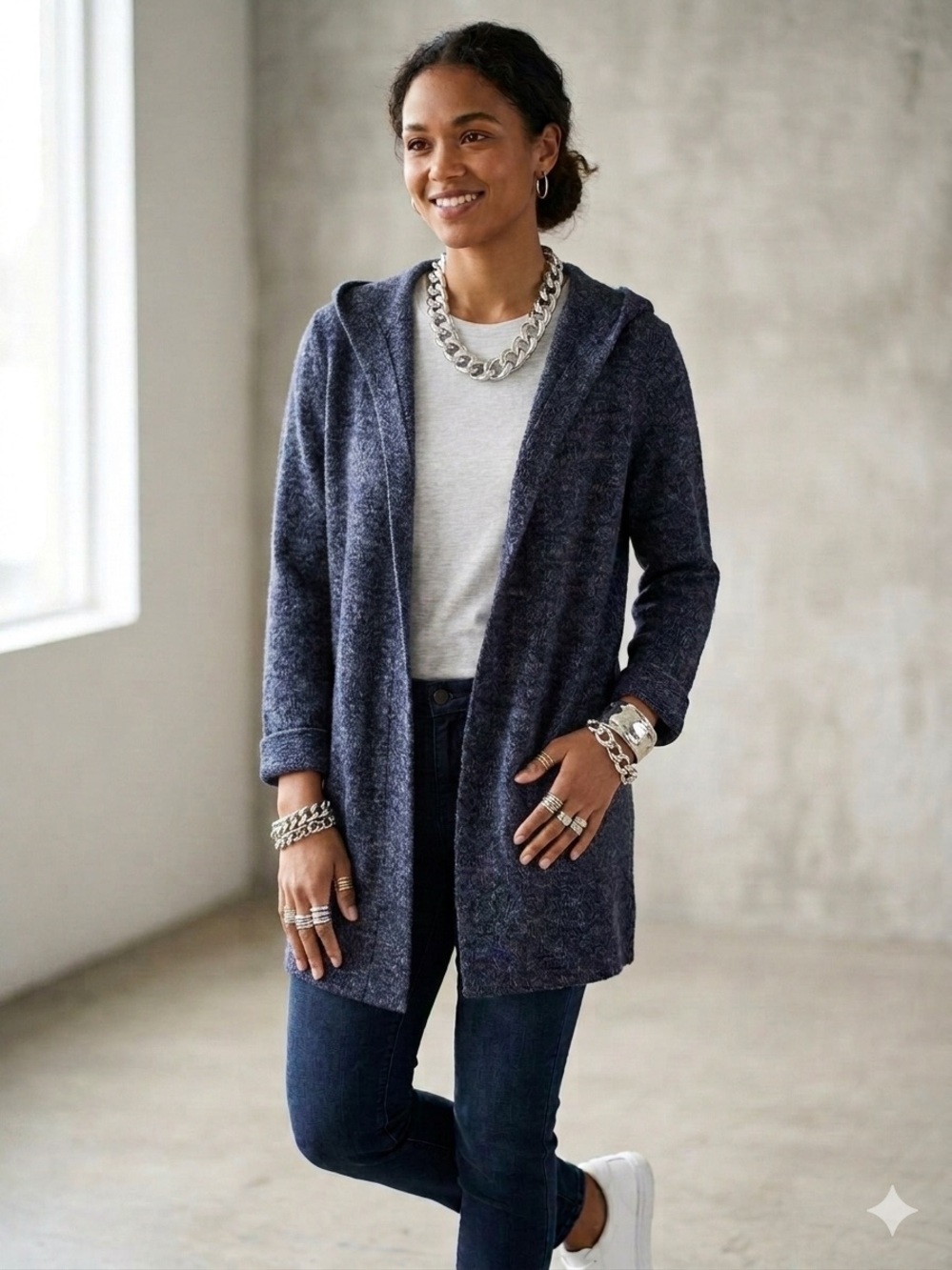 Love Tree Textured Navy Heather Knit Tunic Sweater Cardigan